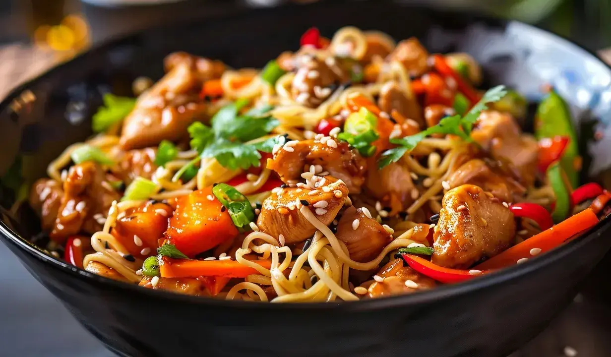 En närbild av en läcker kycklingwok med nudlar, toppad med sesamfrön och färsk koriander. En perfekt måltid!