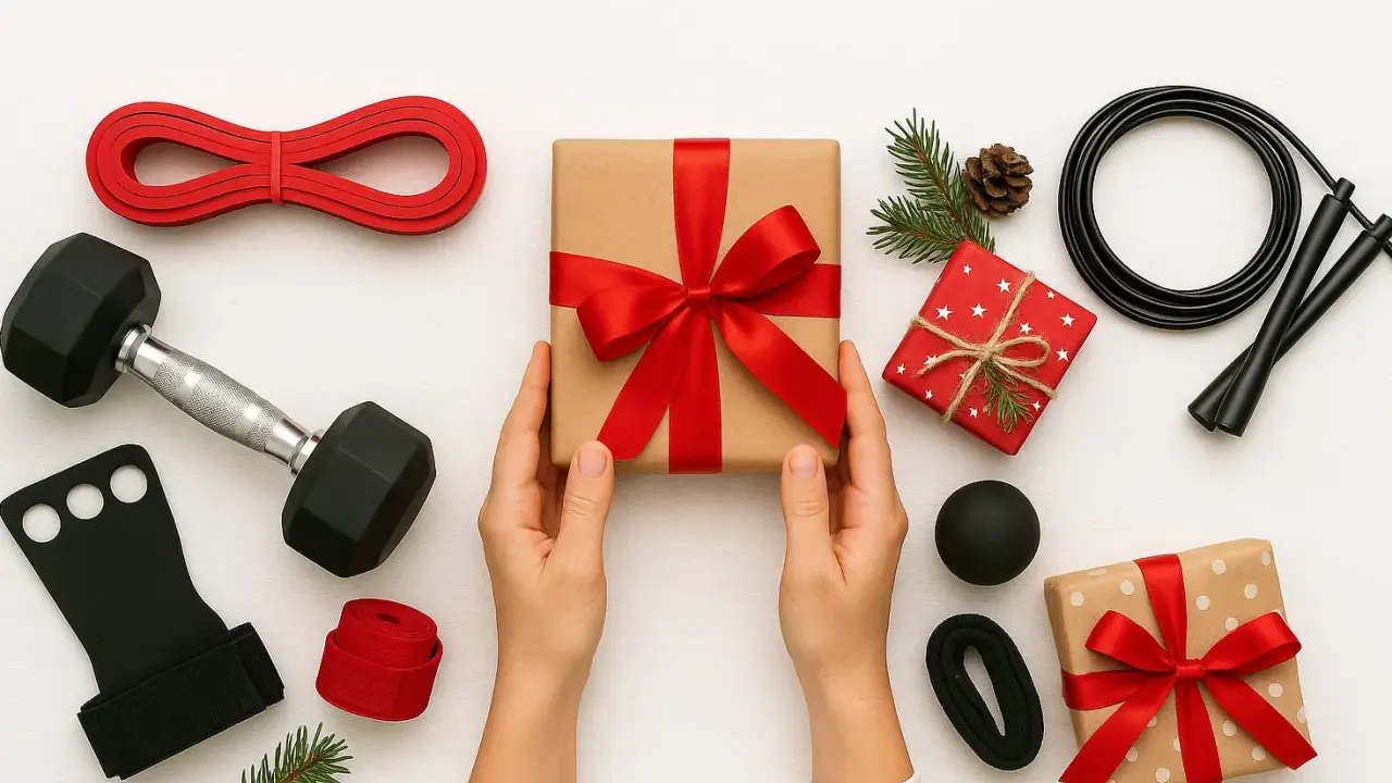Här är julklappar till julklappsspelet: en hantel, hopprep, träningsband och andra träningsredskap.