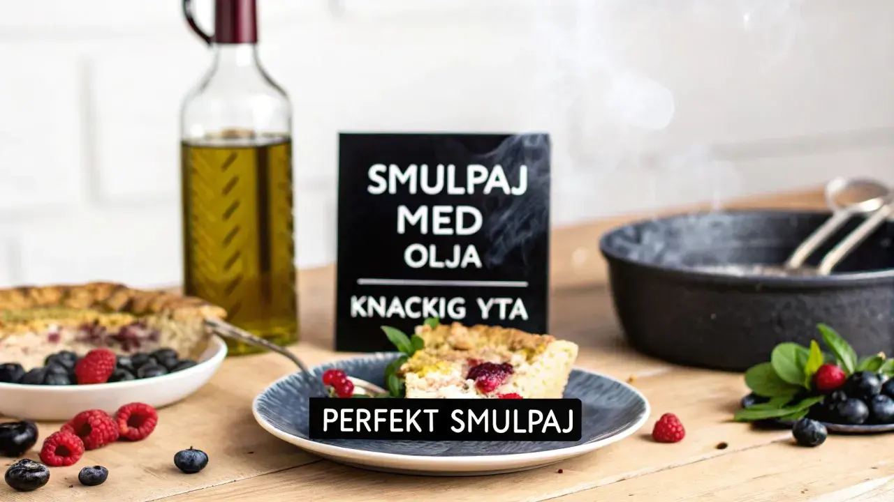 En bit smulpaj med bär och en flaska olivolja. Perfekt smulpaj recept för en knaprig yta.