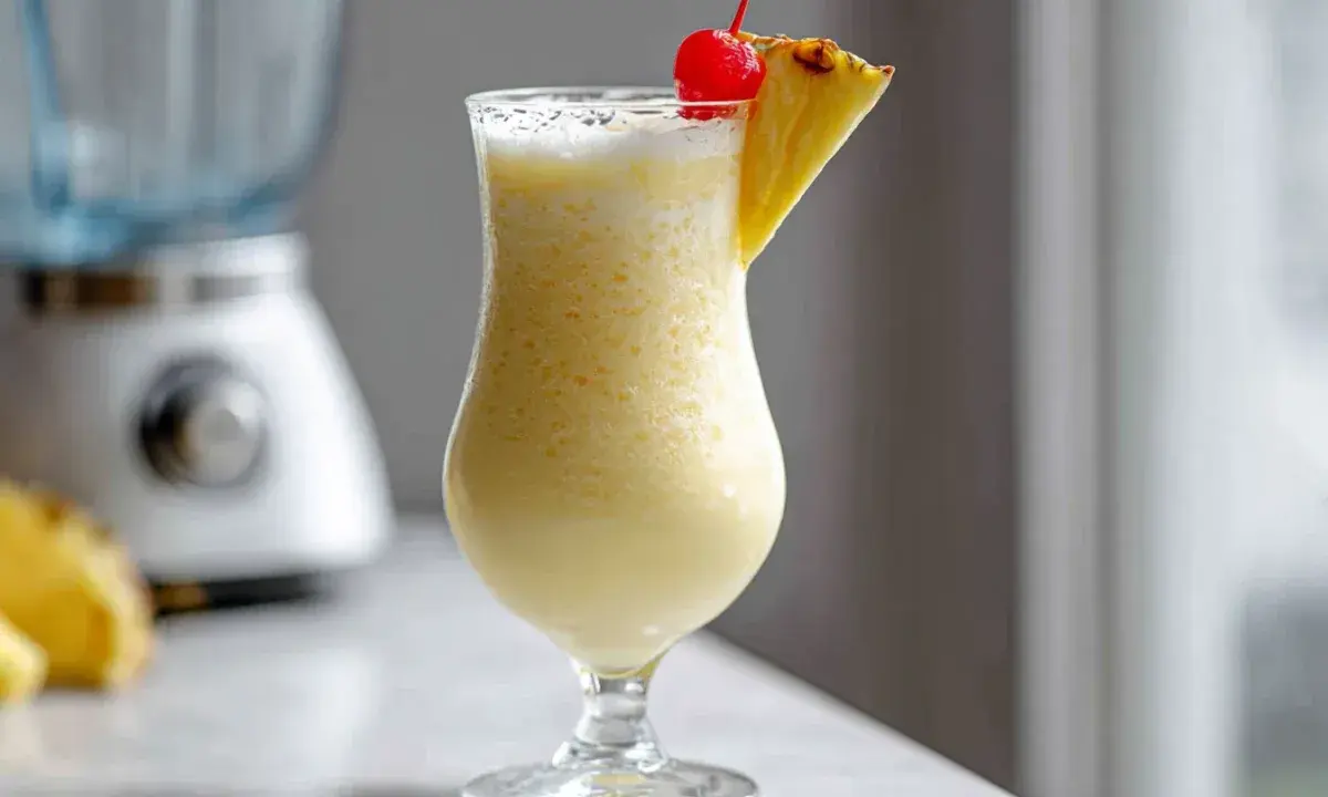 En krämig pina colada med ananasskiva och körsbär, redo att avnjutas.