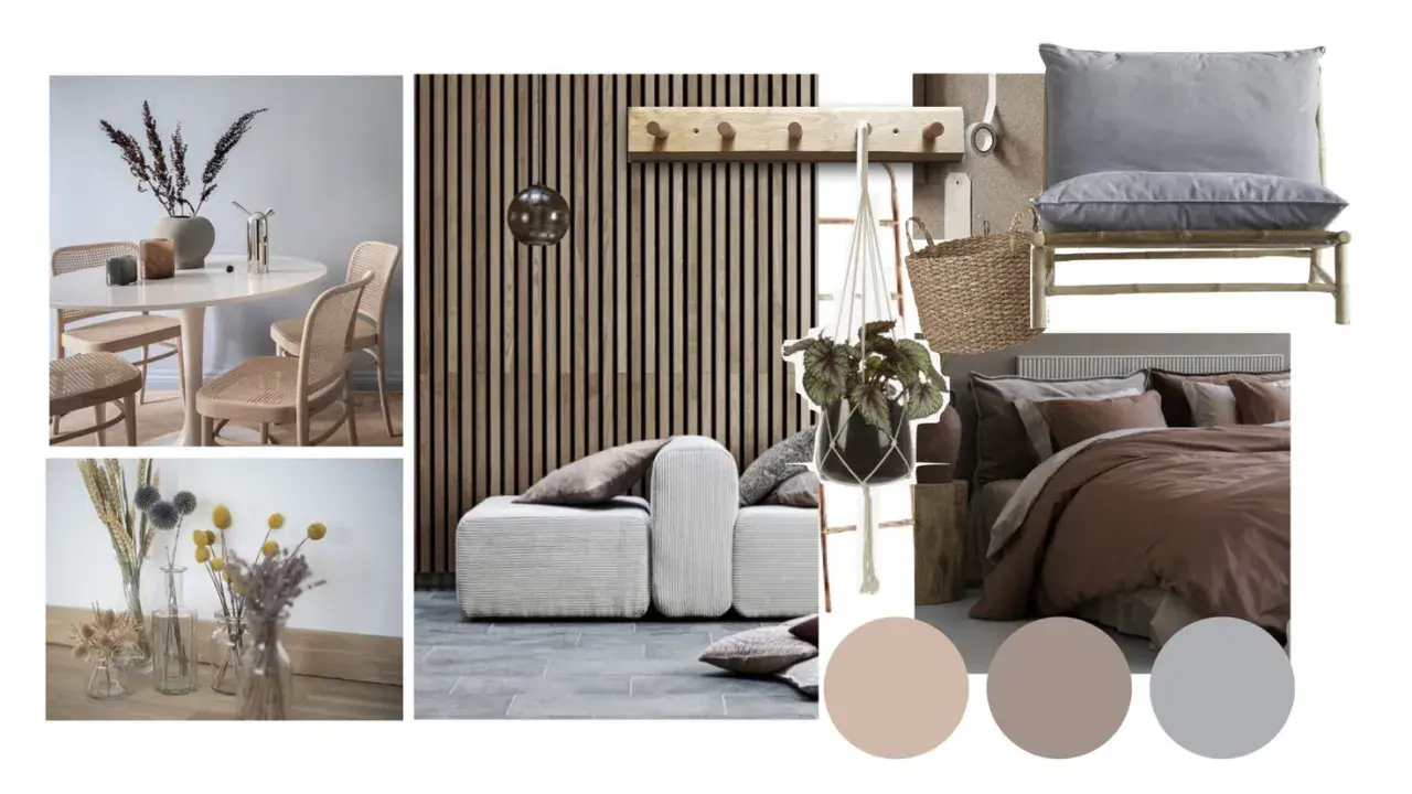 En moodboard visar inspiration för ett hem med trädetaljer, beiga toner och en mysig säng.