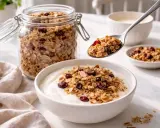 En sked med hemgjord egen granola med torkade bär toppar en skål med yoghurt. En burk med granola står bredvid.