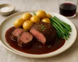 Saftig oxfilé med rödvinssås, småpotatis och gröna bönor. Ett perfekt oxfile recept för en fin middag.
