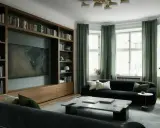 En elegant bokhylla inspiration med mörk träinramning, inbyggd TV och konstverk. Gröna gardiner ramar in fönstren i ett stilrent vardagsrum.