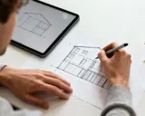 En person skissar ett hus, en del av ett inredare jobb. Bredvid ligger lappar med "UX-designer" och "Empati".