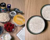 Ingredienser för overnight oats med kvarg: havregryn, bär, nötter, mandeldryck, jordnötssmör och kanel. Färdig gröt i skålar.
