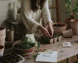 Person sår frön i krukor, bland annat för artemisia absinthium. Terracottakrukor och en vattenkanna står på bordet.