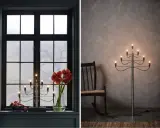 Två fina adventsljusstakar, en i ett mörkt fönster med amaryllis och äpplen, en annan som golvlampa bredvid en gungstol.