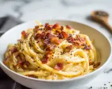 En skål med krämig, klassisk carbonara med knaprigt bacon och nymalen svartpeppar.