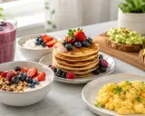 En härlig frukostbuffé med pannkakor, yoghurt med bär, smoothie och äggröra. Perfekt för ett proteinrikt frukost recept!