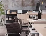 En modern arbetsplats med stolar, skrivbord, datorer och växter. En inspirerande miljö för kreativt arbete.