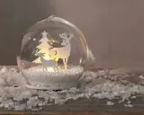 Jul inspiration: en glaskula med renar och gran, omgiven av snö.