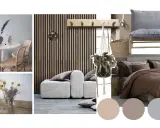 En moodboard visar inspiration för ett hem med trädetaljer, beiga toner och en mysig säng.