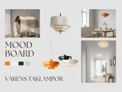 Moodboard med olika taklampor, bland annat en molnliknande taklampa i hallen.