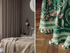 Två stilar av gardiner för inredning: en i neutrala toner som skapar lugn, och en annan i grönt med blomstermönster och tofsar som ger liv.