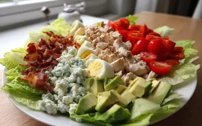 En härlig cobb salad med krispig sallad, kyckling, bacon, ägg, tomater, blåmögelost och avokado.