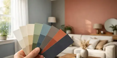 En hand håller upp en färgpalett med nyanser av beige, grönt, blått och terrakotta. En inbjudande inredning med soffa och bord syns i bakgrunden.