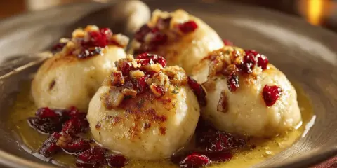 Kroppkakor recept: fyra gyllene kroppkakor med lingon och knaprigt fläsk i en skål.