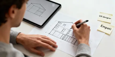 En person skissar ett hus, en del av ett inredare jobb. Bredvid ligger lappar med "UX-designer" och "Empati".