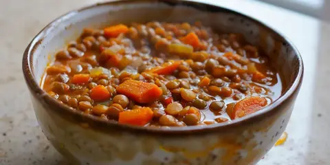 En skål med mustig linsgryta med morötter, perfekt för ett enkelt linsgryta recept.