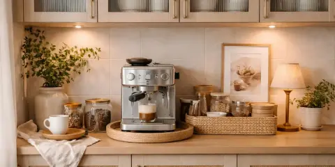 En mysig kaffestation hemma med espressomaskin, kaffebönor i burkar, en vit kopp och en grön växt.
