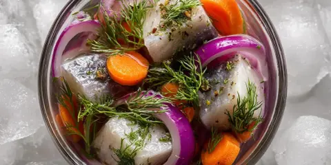 En skål med inlagd sill, morötter, rödlök och dill, omgiven av is. En klassisk svensk delikatess.