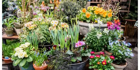 En blomsterbutik fylld med vårens färger. Här syns bland annat gullvivor (bellis perennis), penséer och blåsippor i krukor.