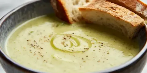 Krämig broccolisoppa med en virvel av olivolja och nymalen svartpeppar, serverad med rostat bröd. Ett perfekt broccolisoppa recept för en kall dag.