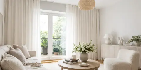 Ljust vardagsrum med vita takgardiner som ramar in balkongdörren. En soffa, fåtölj och ett runt soffbord skapar en inbjudande sittgrupp.