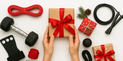 Här är julklappar till julklappsspelet: en hantel, hopprep, träningsband och andra träningsredskap.