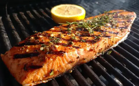 En saftig laxfilé med örter och citron ligger på grillen. Det ryker gott från den perfekta grilla laxen.