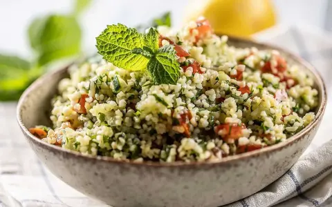 En skål med tabbouleh, en frisk sallad där man kan koka bulgur med tomat, persilja och mynta.