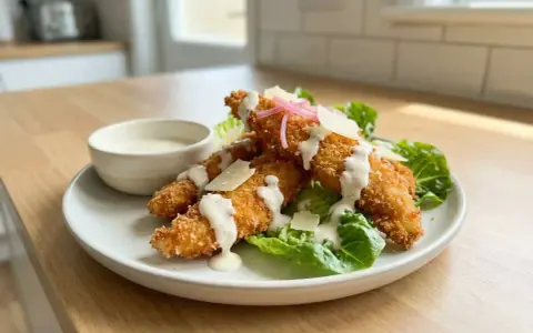 Krispiga bitar av panerad kyckling serveras på salladsbädd med krämig dressing och parmesan.