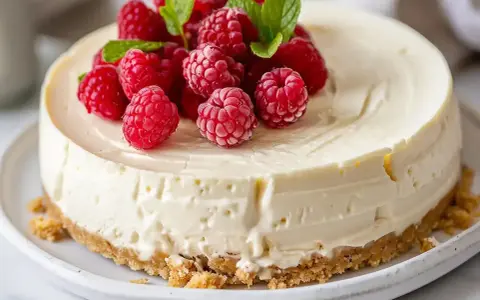 En krämig fryst cheesecake toppad med färska hallon och myntablad. Perfekt för en sommarfest.
