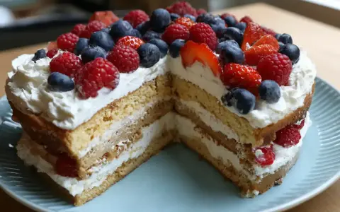 En härlig glutenfri tårta med vispgrädde, hallon, blåbär och jordgubbar. Perfekt för alla tillfällen!