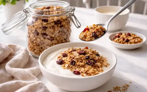 En sked med hemgjord egen granola med torkade bär toppar en skål med yoghurt. En burk med granola står bredvid.