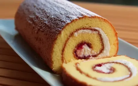 En saftig glutenfri rulltårta med sylt och grädde, pudrad med florsocker.