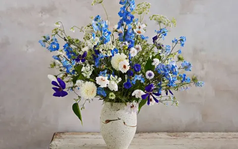 En vacker bukett med blå och vita perenna snittblommor, som riddarsporre och prästkrage, i en rustik vas.