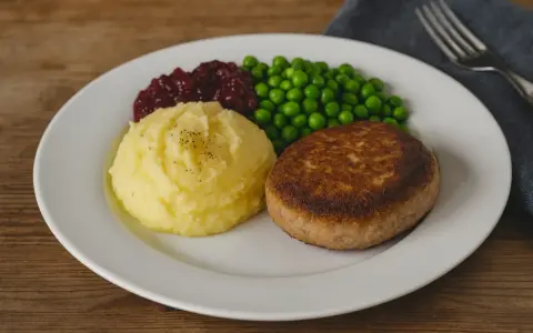 En tallrik med en gyllene Wallenbergare, potatismos, lingonsylt och gröna ärtor. Ett klassiskt svenskt recept!