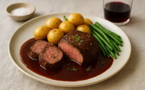 Saftig oxfilé med rödvinssås, småpotatis och gröna bönor. Ett perfekt oxfile recept för en fin middag.