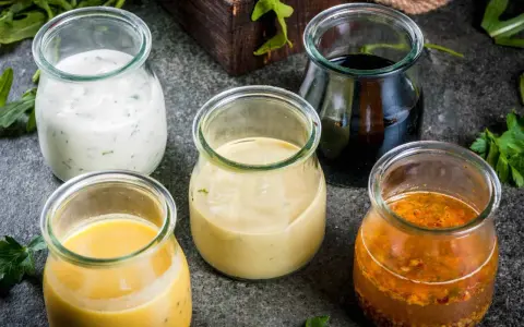 Fem små glasburkar med olika dressing till sallad: krämig vit, gul, ljusbrun, mörk och en med frön.