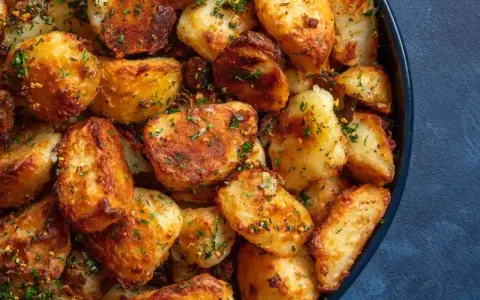 En skål med gyllene, råstekt potatis, krispiga och toppade med färsk persilja. Perfekt tillbehör!