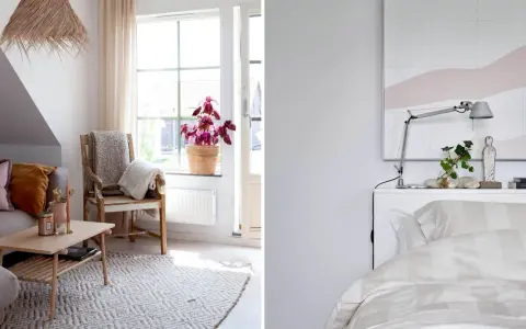 Två rum i rad: ett mysigt vardagsrum med soffa, kaffebord och en stol vid fönstret, samt ett sovrum med säng och konst på väggen.