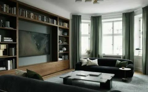 En elegant bokhylla inspiration med mörk träinramning, inbyggd TV och konstverk. Gröna gardiner ramar in fönstren i ett stilrent vardagsrum.