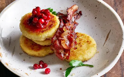 Gyllene potatisbullar med lingon och knaperstekt bacon. Ett klassiskt svenskt potatisbullar recept som passar perfekt till helgfrukosten.