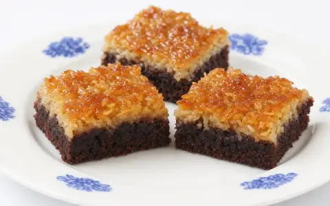 Tre bitar chokladkaka med kokostäcke på en vit tallrik med blå blommor. Ett gott ryttarkaka recept.