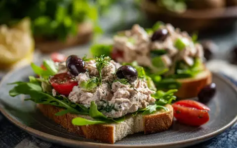 Två smörgåsar med tonfisk sallad, ruccola, tomater och oliver på en tallrik.