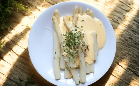 En tallrik med perfekt kokt vit sparris, täckt av en krämig sås och toppad med färska groddar. En härlig vårrätt.