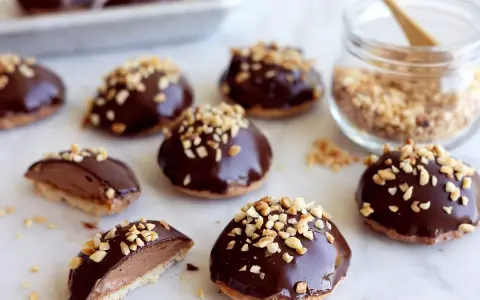 Små chokladöverdragna biskvier med hackade nötter, redo att avnjutas. Ett härligt biskvier recept för fikat.