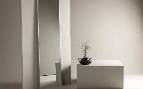 En lång, smal spegel ger spegel inspiration till ett minimalistiskt rum. En svart vas med en gren står på en vit kub.